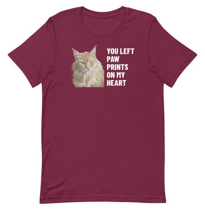 You Left Paw Prints On My Heart Custom Pet T-Shirt (Maroon), Caramel the Maine Coon cat: front view. [ks Colour=Maroon; kind=product]
