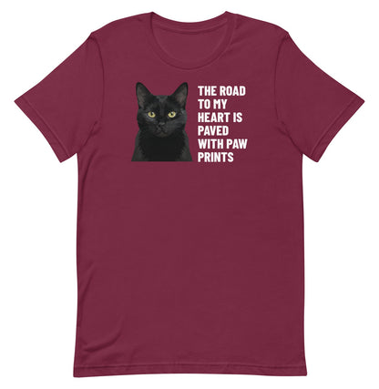The Road To My Heart Is Paved With Paw Prints Custom Pet T-Shirt (Maroon), Olive the black cat: front view. [ks Colour=Maroon; kind=product]