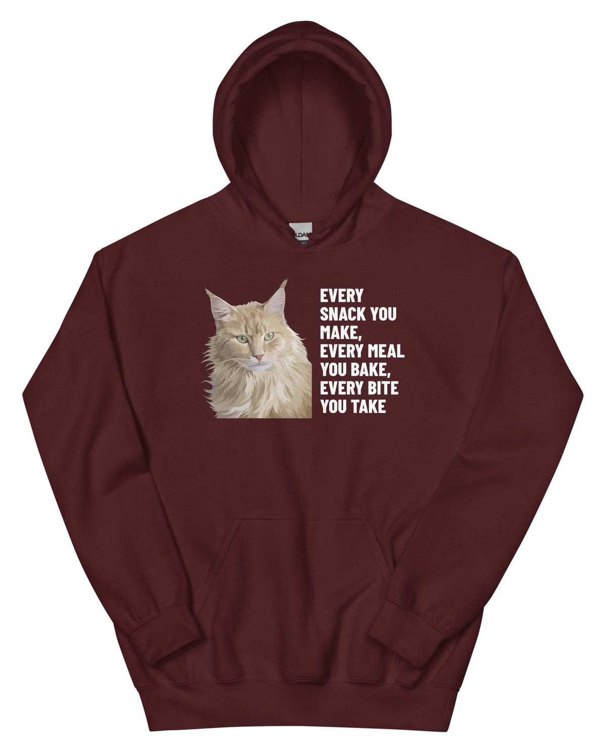 Every Snack You Make, Every Meal You Bake, Every Bite You Take Custom Pet Hoodie (Maroon), Caramel the Maine Coon cat: front view. [ks Colour=Maroon; kind=product]