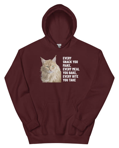 Every Snack You Make, Every Meal You Bake, Every Bite You Take Custom Pet Hoodie (Maroon), Caramel the Maine Coon cat: front view. [ks Colour=Maroon; kind=product]