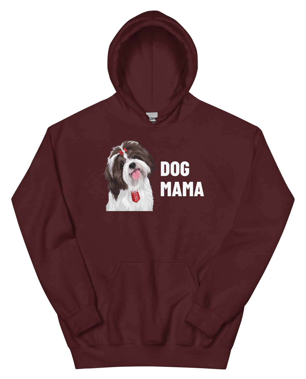 Dog Mama Custom Pet Hoodie (Maroon), Pippin the Shih Tzu: front view. [ks Colour=Maroon; kind=product]