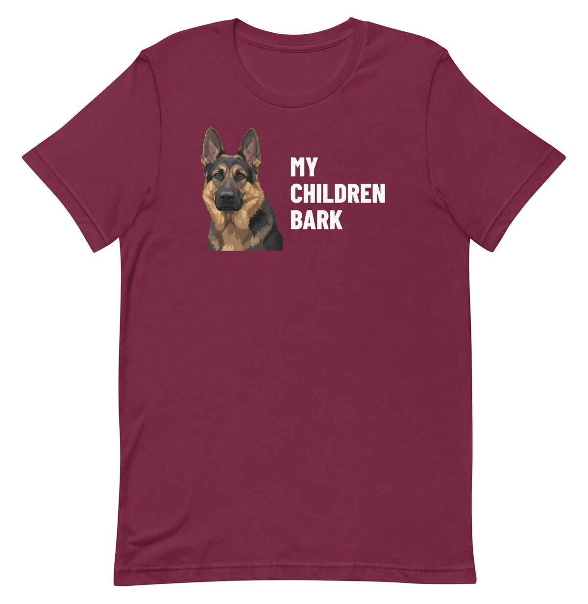 My Children Bark Custom Pet T-Shirt (Maroon), Max the German Shepherd: front view. [ks Colour=Maroon; kind=product]