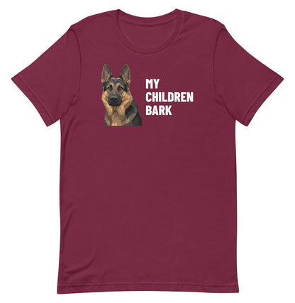 My Children Bark Custom Pet T-Shirt (Maroon), Max the German Shepherd: front view. [ks Colour=Maroon; kind=product]