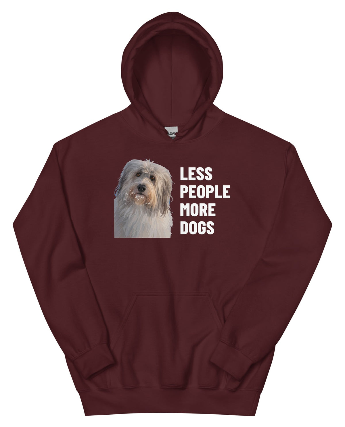 Less People More Dogs Custom Pet Hoodie (Maroon), Gandalf the Sheepdog: front view. [ks Colour=Maroon; kind=product]