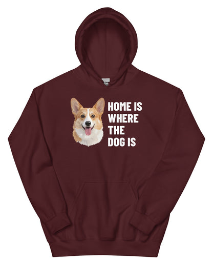 Home Is Where The Dog Is Custom Pet Hoodie (Maroon), Bailey the Pembroke Welsh Corgi: front view. [ks Colour=Maroon; kind=product]