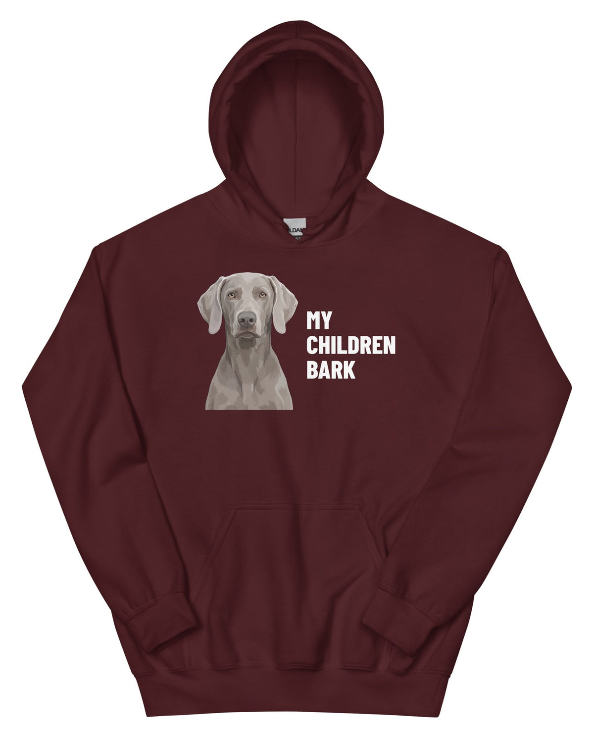 My Children Bark Custom Pet Hoodie (Maroon), Pewter the Weimaraner: front view. [ks Colour=Maroon; kind=product]