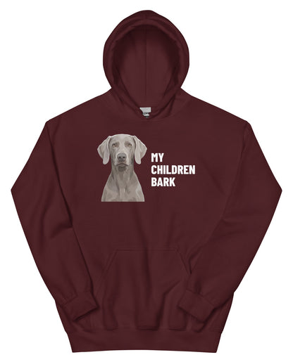 My Children Bark Custom Pet Hoodie (Maroon), Pewter the Weimaraner: front view. [ks Colour=Maroon; kind=product]