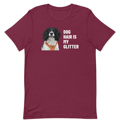 Dog Hair Is My Glitter Custom Pet T-Shirt (Maroon), Roscoe the English Springer Spaniel: front view. [ks Colour=Maroon; kind=product]
