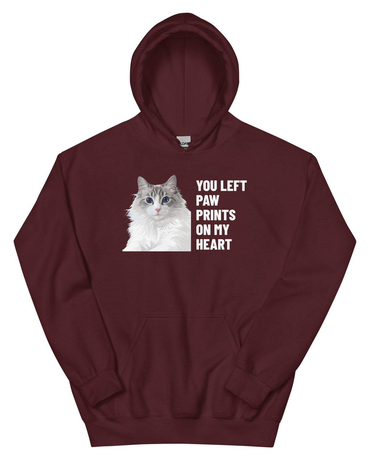 You Left Paw Prints On My Heart Custom Pet Hoodie (Maroon), Cloud the Ragdoll cat: front view. [ks Colour=Maroon; kind=product]