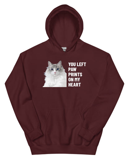 You Left Paw Prints On My Heart Custom Pet Hoodie (Maroon), Cloud the Ragdoll cat: front view. [ks Colour=Maroon; kind=product]