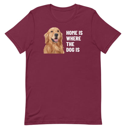 Home Is Where The Dog Is Custom Pet T-Shirt (Maroon), Cooper the Golden Retriever: front view. [ks Colour=Maroon; kind=product]
