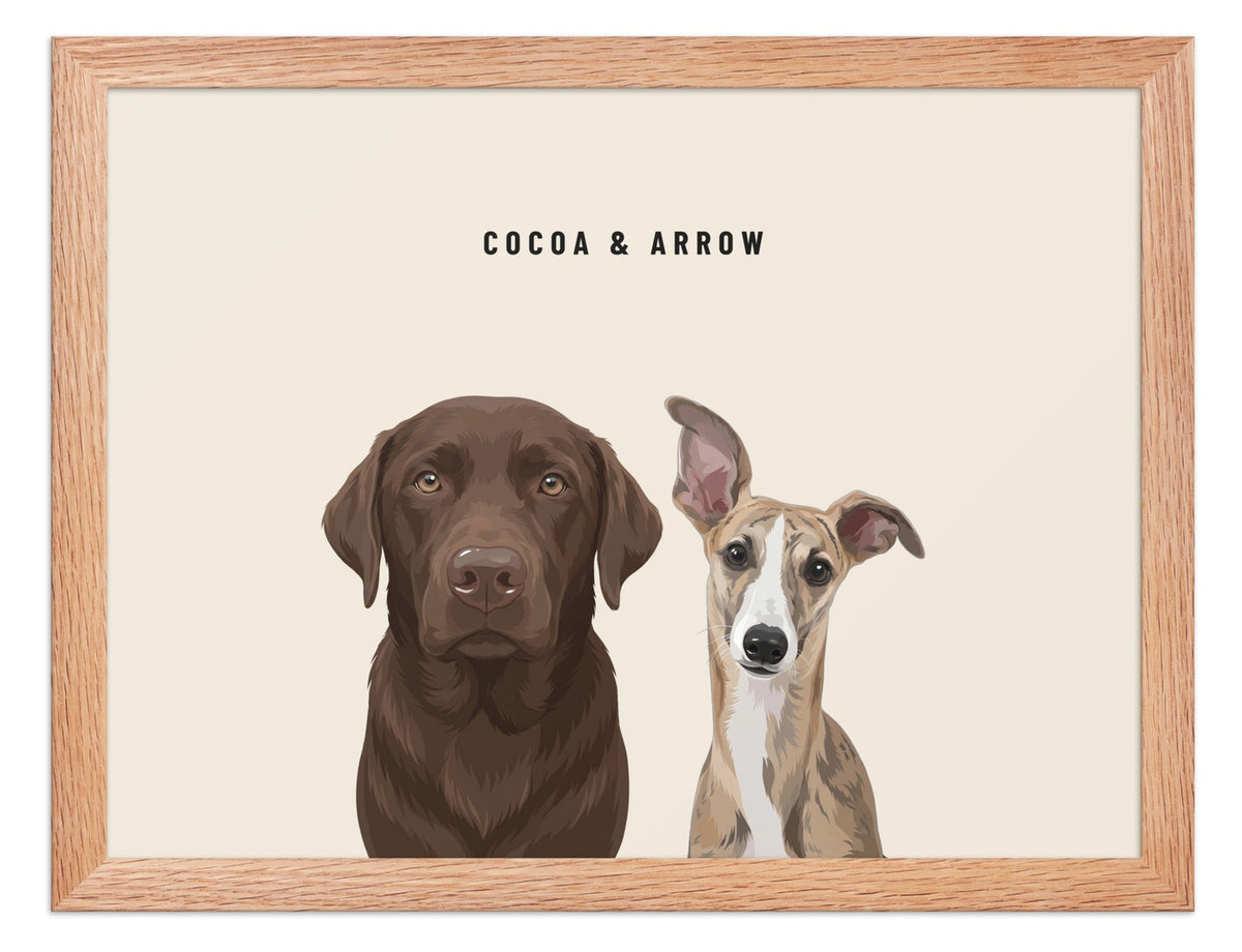 Custom Two Pet Portrait Framed Print (Oak): Cocoa the chocolate Labrador & Arrow the Whippet on a Cream background. [ks Frame=Oak; Background=Cream]