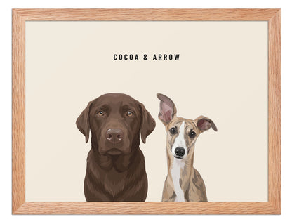 Custom Two Pet Portrait Framed Print (Oak): Cocoa the chocolate Labrador & Arrow the Whippet on a Cream background. [ks Frame=Oak; Background=Cream]
