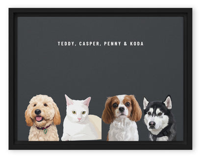 Custom Four Pet Portrait Canvas (Black Framed Canvas): Teddy the Goldendoodle & Casper the white cat & Penny the Cavalier King Charles Spaniel & Koda the Siberian Husky on a Charcoal background. [ks Style=Black Framed Canvas; Background=Charcoal]