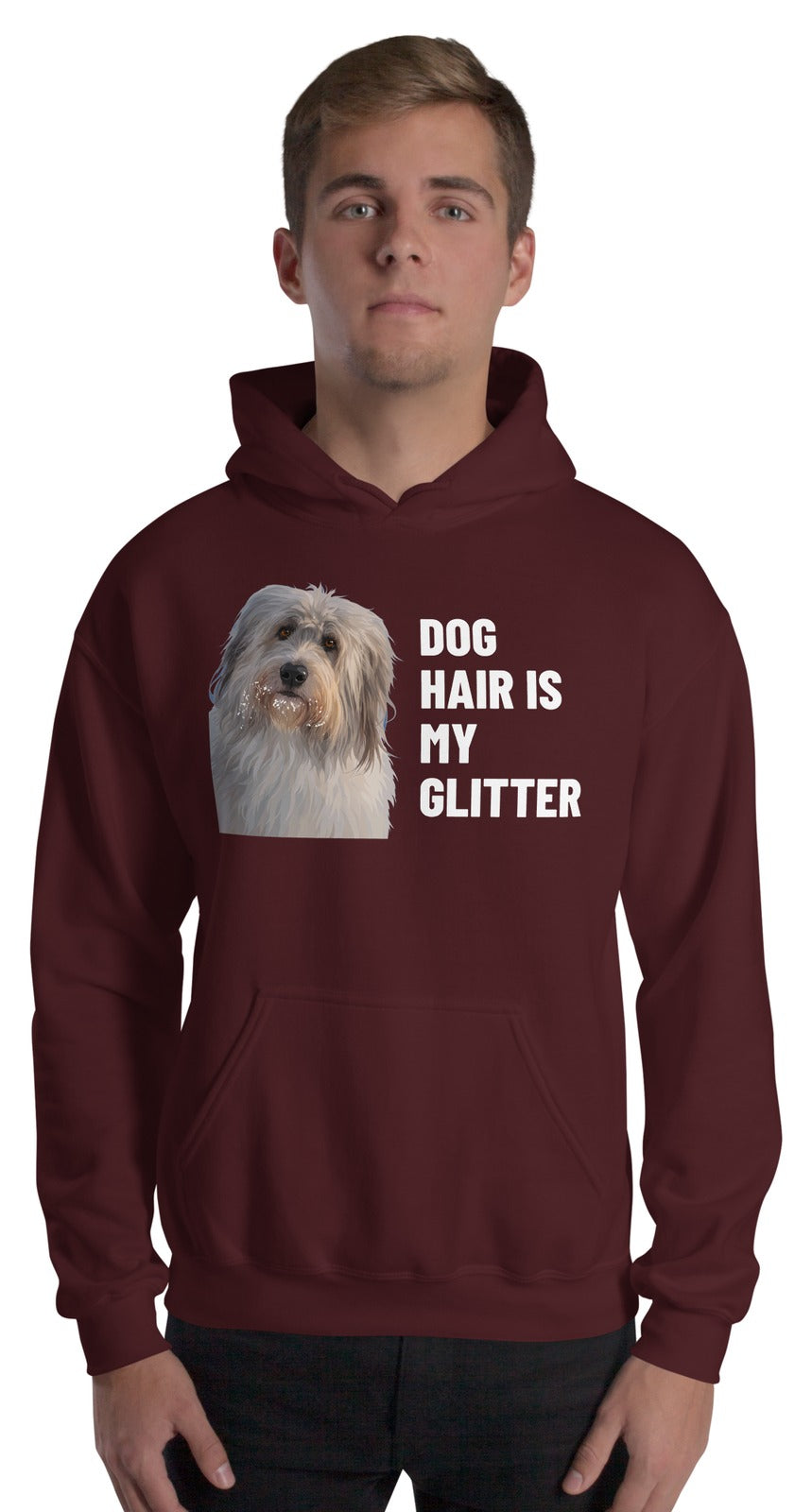Dog Hair Is My Glitter Custom Pet Hoodie (Maroon), Gandalf the Sheepdog: worn by a model. [ks Colour=Maroon; kind=product]