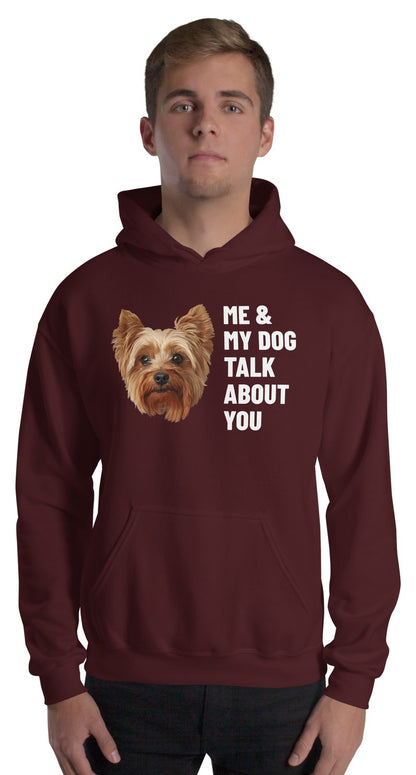 Me & My Dog Talk About You Custom Pet Hoodie (Maroon), Gizmo the Yorkshire Terrier: worn by a model. [ks Colour=Maroon; kind=product]