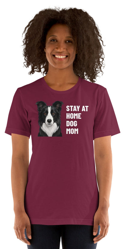 Stay At Home Dog Mom Custom Pet T-Shirt (Maroon), Oreo the Border Collie: worn by a model. [ks Colour=Maroon; kind=product]