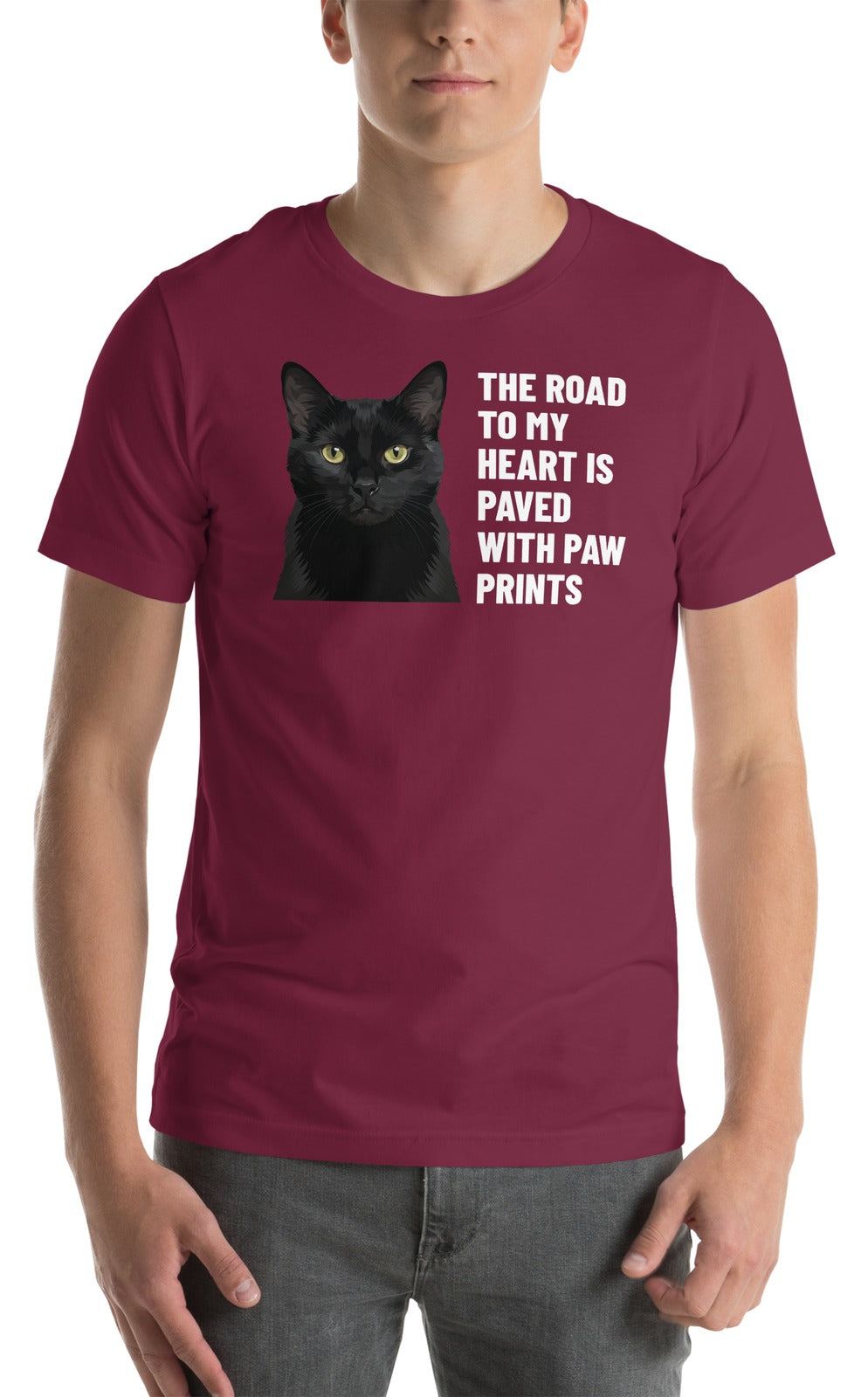 The Road To My Heart Is Paved With Paw Prints Custom Pet T-Shirt (Maroon), Olive the black cat: worn by a model. [ks Colour=Maroon; kind=product]