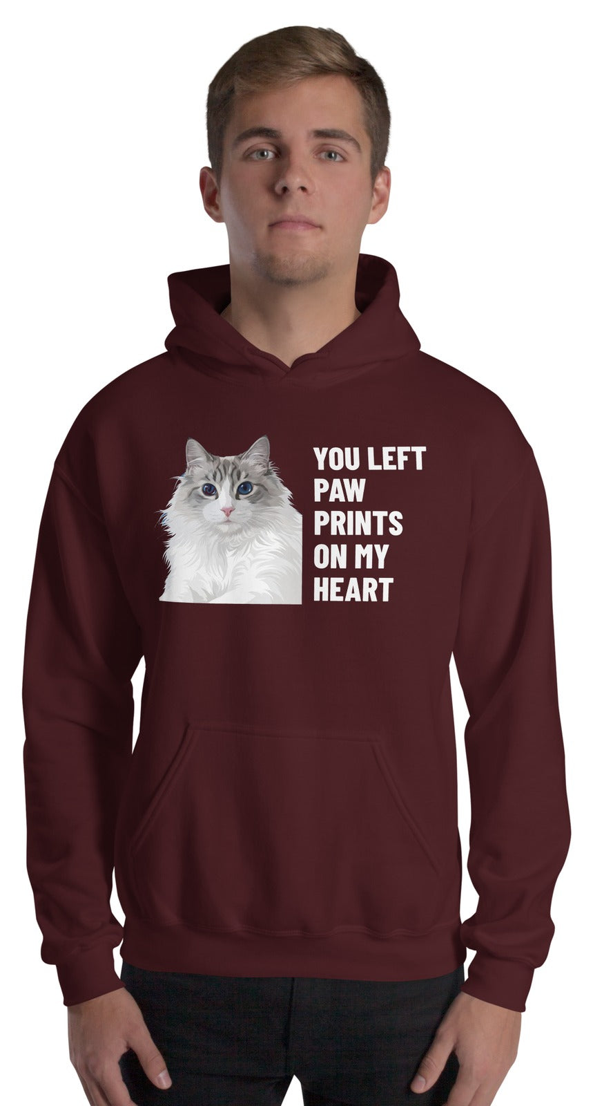You Left Paw Prints On My Heart Custom Pet Hoodie (Maroon), Cloud the Ragdoll cat: worn by a model. [ks Colour=Maroon; kind=product]