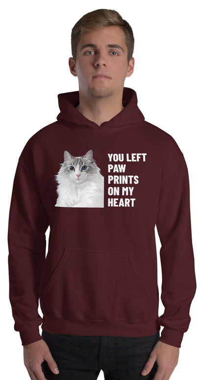 You Left Paw Prints On My Heart Custom Pet Hoodie (Maroon), Cloud the Ragdoll cat: worn by a model. [ks Colour=Maroon; kind=product]