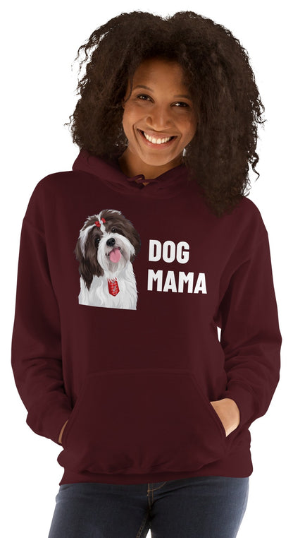 Dog Mama Custom Pet Hoodie (Maroon), Pippin the Shih Tzu: worn by a model. [ks Colour=Maroon; kind=product]