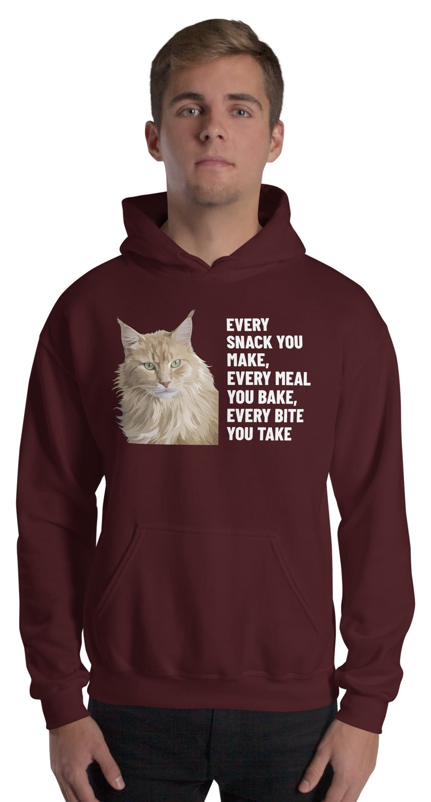 Every Snack You Make, Every Meal You Bake, Every Bite You Take Custom Pet Hoodie (Maroon), Caramel the Maine Coon cat: worn by a model. [ks Colour=Maroon; kind=product]
