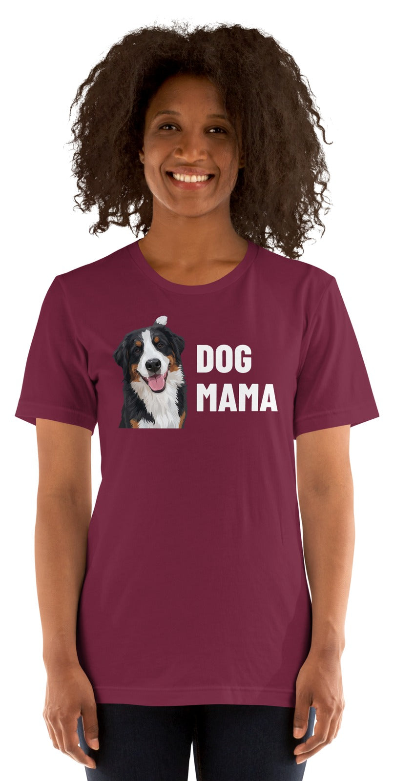 Dog Mama Custom Pet T-Shirt (Maroon), Bear the Bernese Mountain Dog: worn by a model. [ks Colour=Maroon; kind=product]