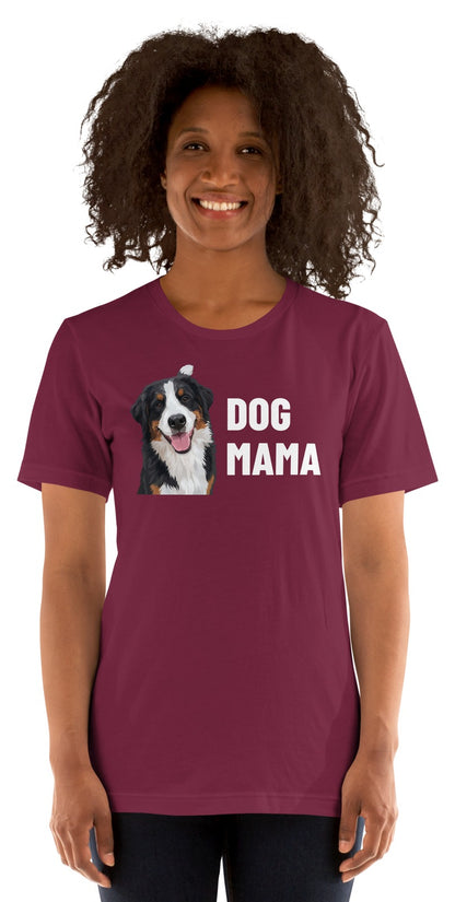 Dog Mama Custom Pet T-Shirt (Maroon), Bear the Bernese Mountain Dog: worn by a model. [ks Colour=Maroon; kind=product]