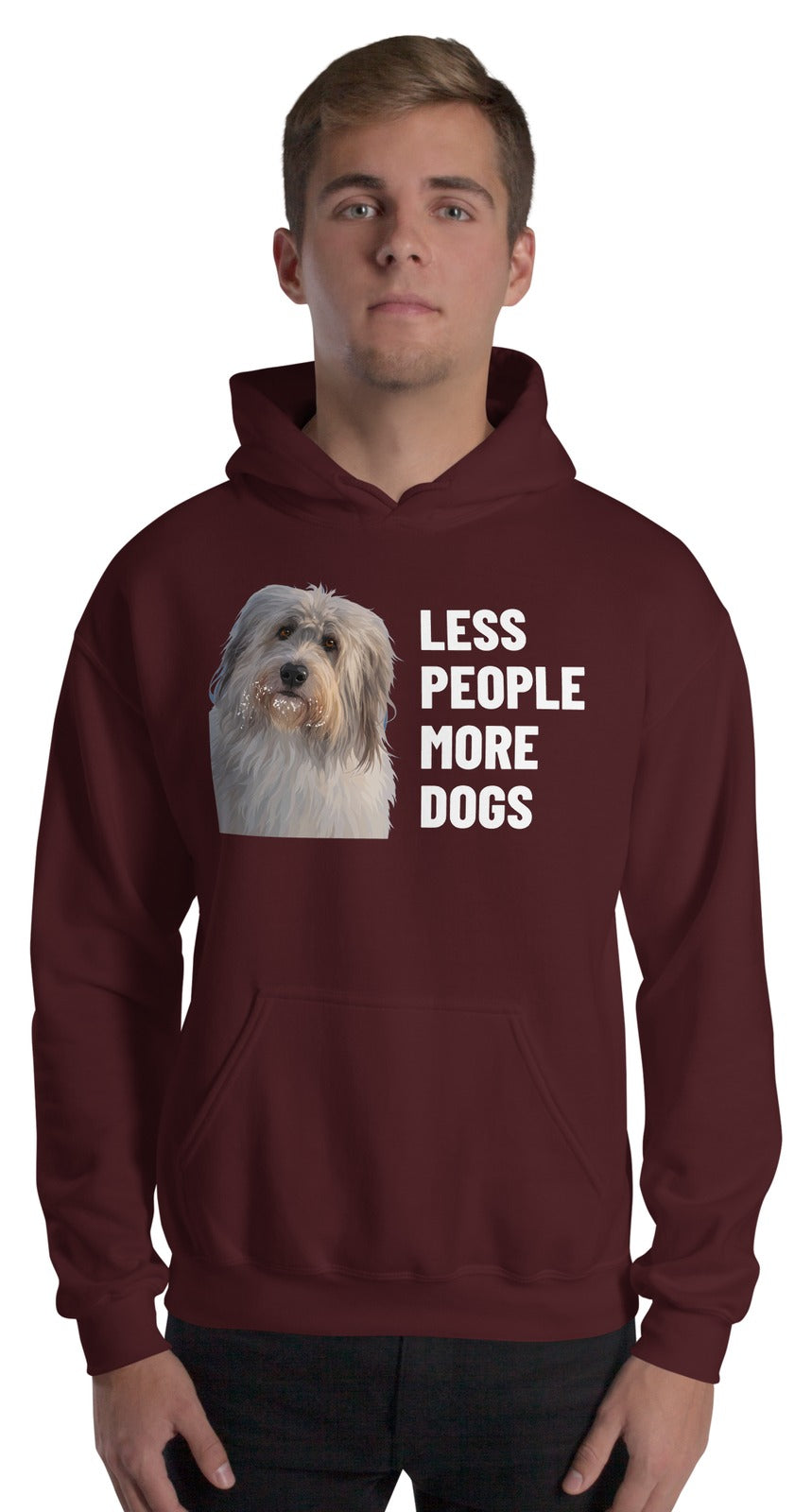Less People More Dogs Custom Pet Hoodie (Maroon), Gandalf the Sheepdog: worn by a model. [ks Colour=Maroon; kind=product]