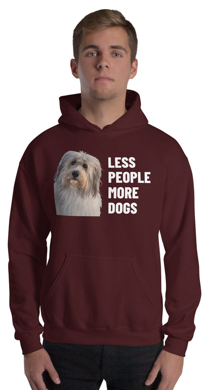 Less People More Dogs Custom Pet Hoodie (Maroon), Gandalf the Sheepdog: worn by a model. [ks Colour=Maroon; kind=product]