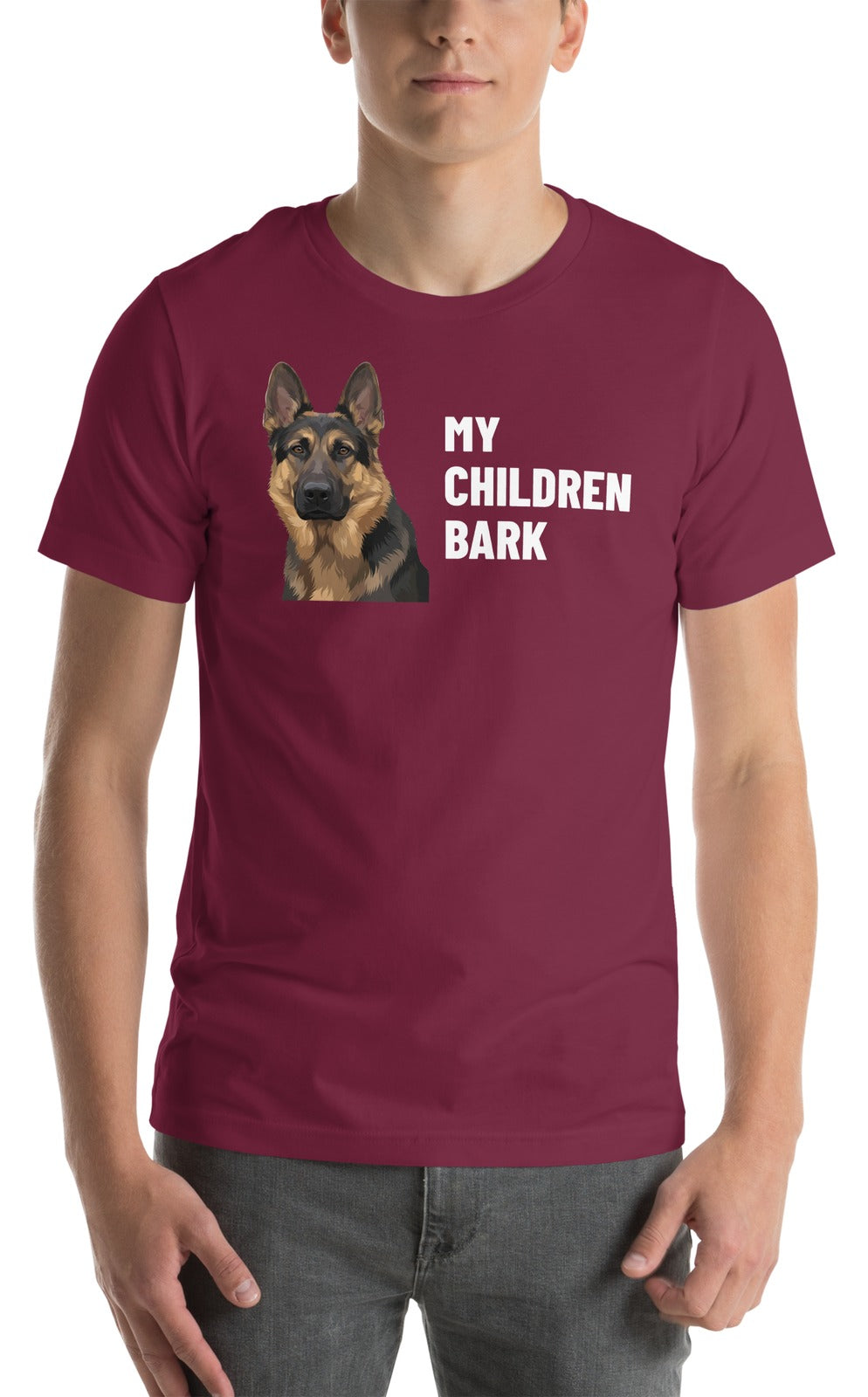 My Children Bark Custom Pet T-Shirt (Maroon), Max the German Shepherd: worn by a model. [ks Colour=Maroon; kind=product]