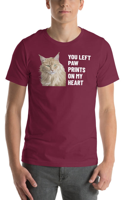 You Left Paw Prints On My Heart Custom Pet T-Shirt (Maroon), Caramel the Maine Coon cat: worn by a model. [ks Colour=Maroon; kind=product]