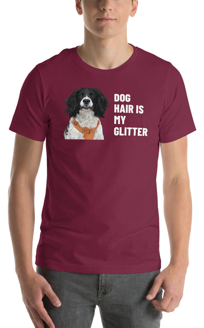 Dog Hair Is My Glitter Custom Pet T-Shirt (Maroon), Roscoe the English Springer Spaniel: worn by a model. [ks Colour=Maroon; kind=product]