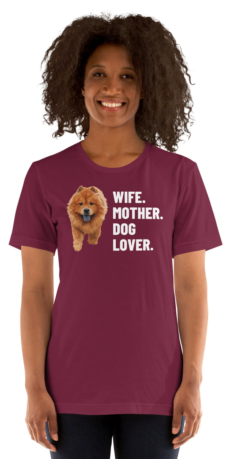 Wife. Mother. Dog Lover. Custom Pet T-Shirt (Maroon), Simba the Chow Chow: worn by a model. [ks Colour=Maroon; kind=product]