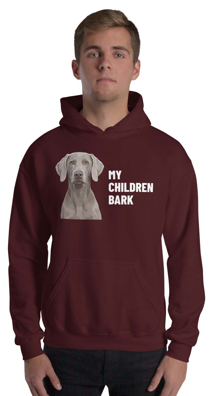 My Children Bark Custom Pet Hoodie (Maroon), Pewter the Weimaraner: worn by a model. [ks Colour=Maroon; kind=product]