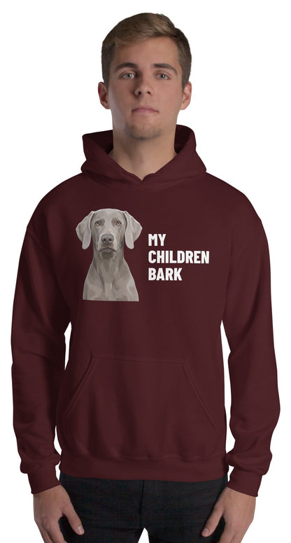 My Children Bark Custom Pet Hoodie (Maroon), Pewter the Weimaraner: worn by a model. [ks Colour=Maroon; kind=product]