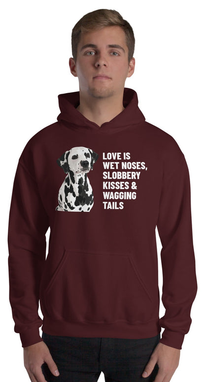 Love Is Wet Noses, Slobbery Kisses & Wagging Tails Custom Pet Hoodie (Maroon), Dotty the Dalmatian: worn by a model. [ks Colour=Maroon; kind=product]
