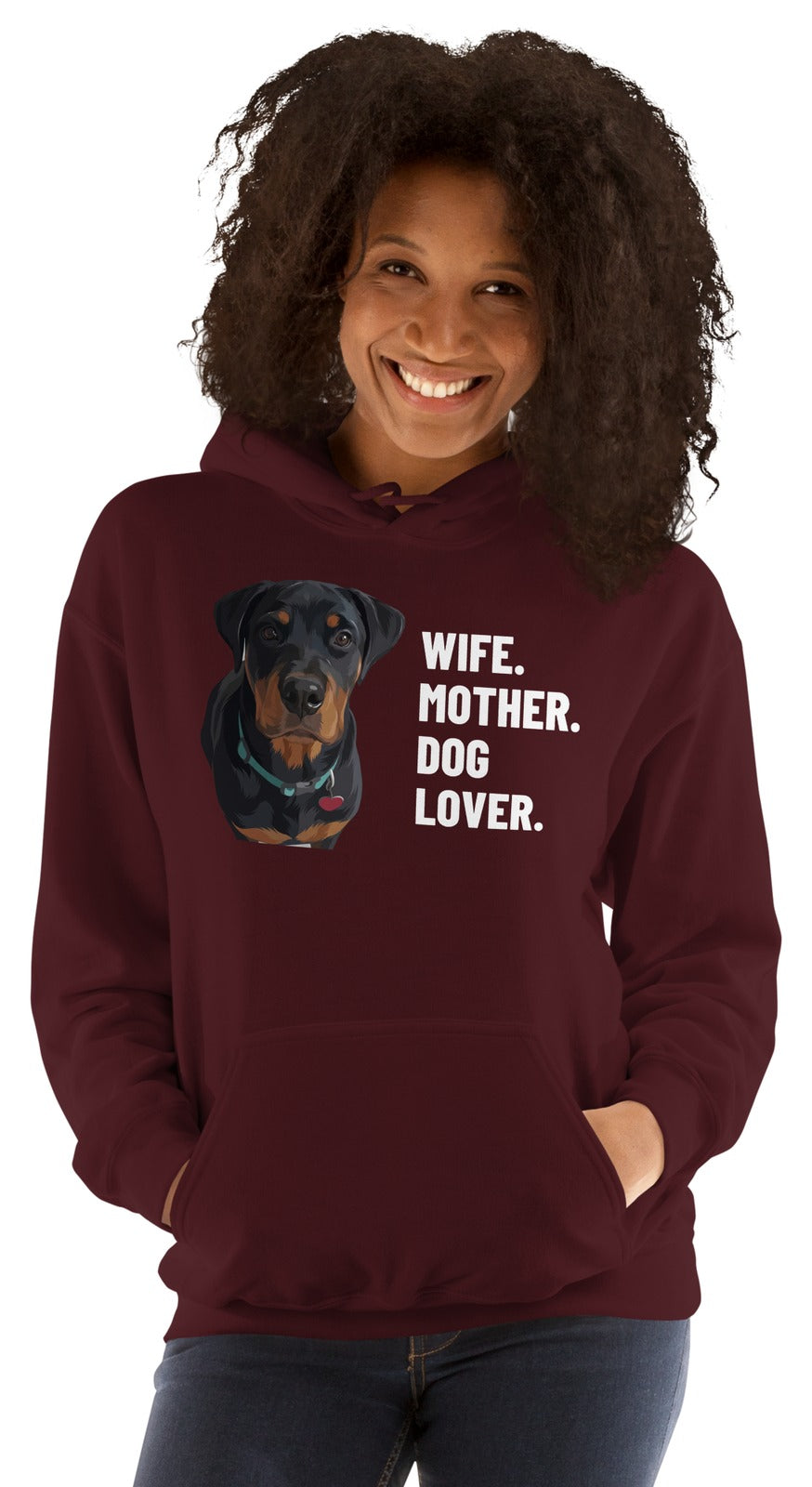 Wife. Mother. Dog Lover. Custom Pet Hoodie (Maroon), Thor the Rottweiler: worn by a model. [ks Colour=Maroon; kind=product]