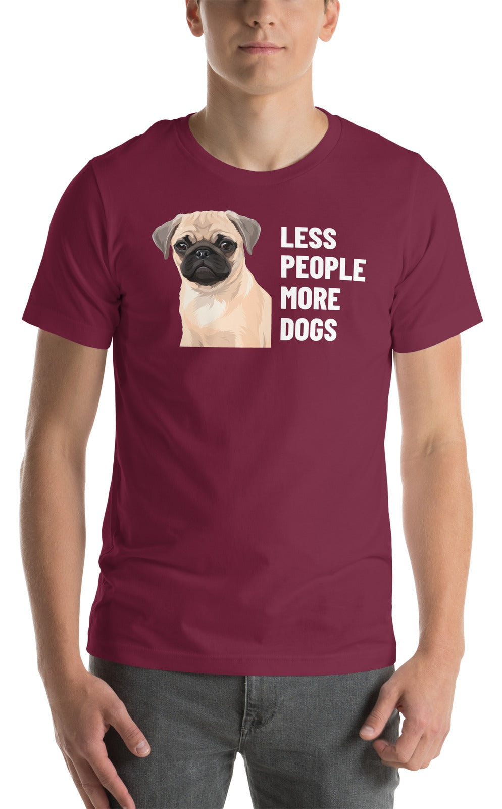 Less People More Dogs Custom Pet T-Shirt (Maroon), Waffles the Pug: worn by a model. [ks Colour=Maroon; kind=product]