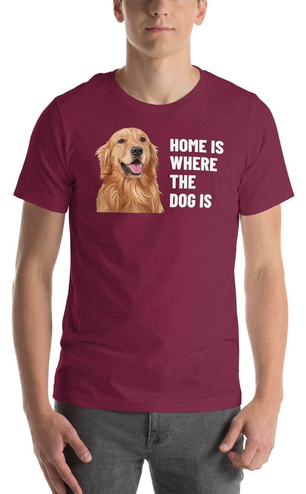 Home Is Where The Dog Is Custom Pet T-Shirt (Maroon), Cooper the Golden Retriever: worn by a model. [ks Colour=Maroon; kind=product]