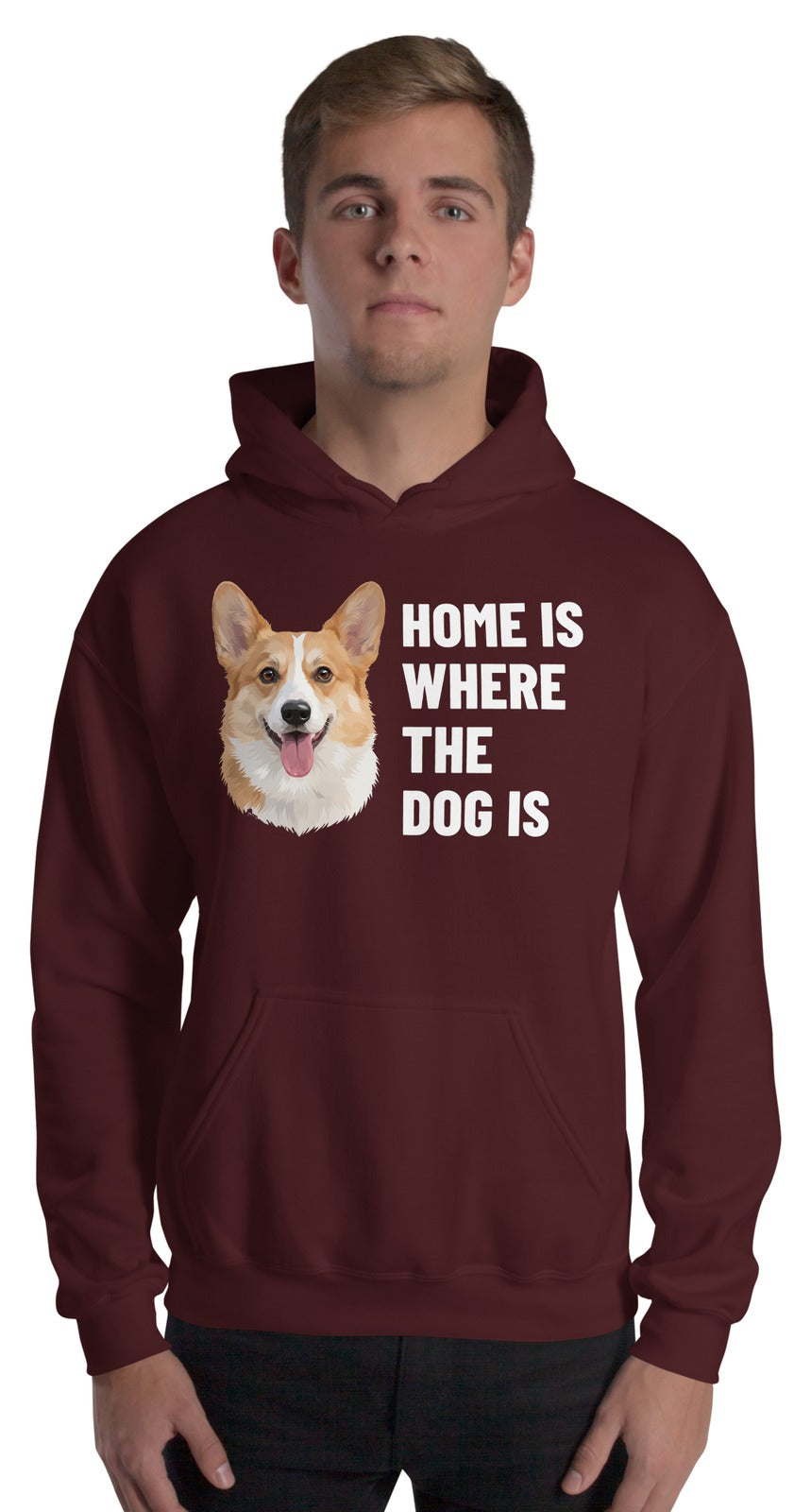 Home Is Where The Dog Is Custom Pet Hoodie (Maroon), Bailey the Pembroke Welsh Corgi: worn by a model. [ks Colour=Maroon; kind=product]