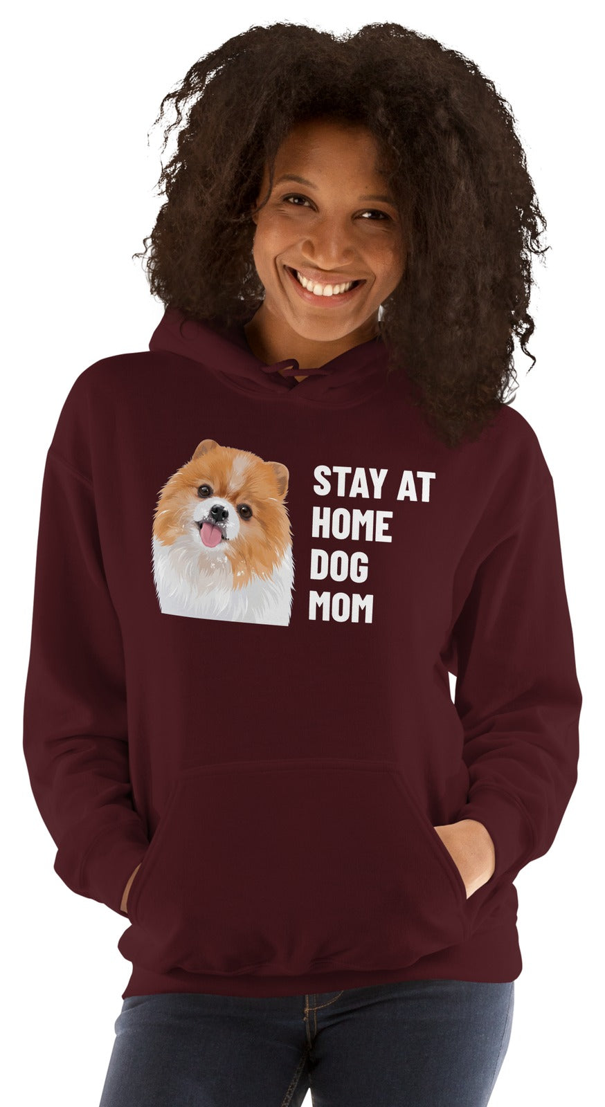 Stay At Home Dog Mom Custom Pet Hoodie (Maroon), Nugget the Pomeranian: worn by a model. [ks Colour=Maroon; kind=product]