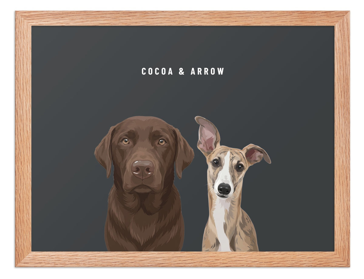 Custom Two Pet Portrait Framed Print (Oak): Cocoa the chocolate Labrador & Arrow the Whippet on a Charcoal background. [ks Frame=Oak; Background=Charcoal]