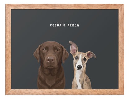 Custom Two Pet Portrait Framed Print (Oak): Cocoa the chocolate Labrador & Arrow the Whippet on a Charcoal background. [ks Frame=Oak; Background=Charcoal]