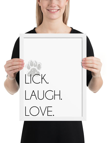 Lick. Love. Laugh. Quote Sign (White / White Frame): held up to show its size. [ks Background=White; Style=White Frame; kind=product]