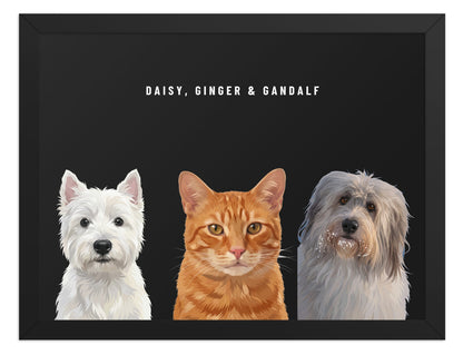 Holiday Custom Three Pet Portrait (Black Frame): Daisy the West Highland White Terrier & Ginger the orange tabby cat & Gandalf the Sheepdog on a Obsidian background. [ks Style=Black Frame; Background=Obsidian]
