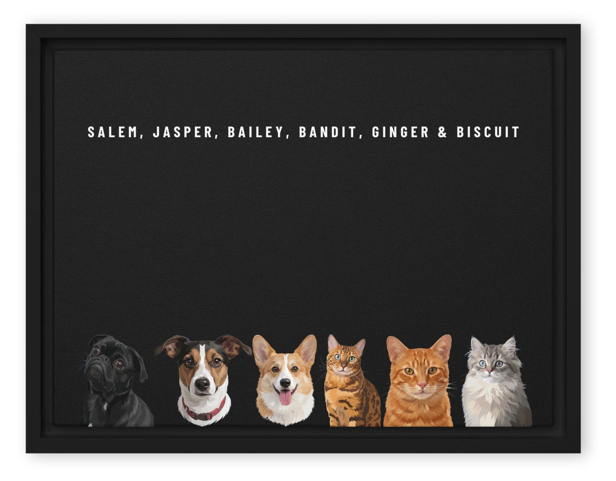 Custom Six Pet Portrait Canvas (Black Framed Canvas): Salem the Pug & Jasper the Jack Russell Terrier & Bailey the Pembroke Welsh Corgi & Bandit the Bengal cat & Ginger the orange tabby cat & Biscuit the tabby kitten on a Obsidian background. [ks Style=Black Framed Canvas; Background=Obsidian]