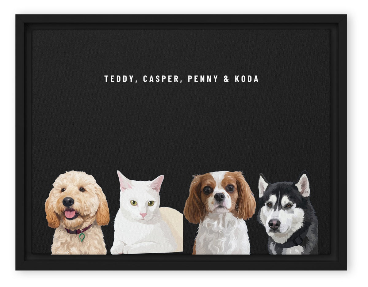 Custom Four Pet Portrait Canvas (Black Framed Canvas): Teddy the Goldendoodle & Casper the white cat & Penny the Cavalier King Charles Spaniel & Koda the Siberian Husky on a Obsidian background. [ks Style=Black Framed Canvas; Background=Obsidian]