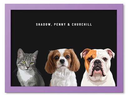 Custom Three Pet Portrait Coloured Frame Print (Lilac): Shadow the grey tabby cat & Penny the Cavalier King Charles Spaniel & Churchill the English Bulldog on a Obsidian background. [ks Frame Colour=Lilac; Background=Obsidian]
