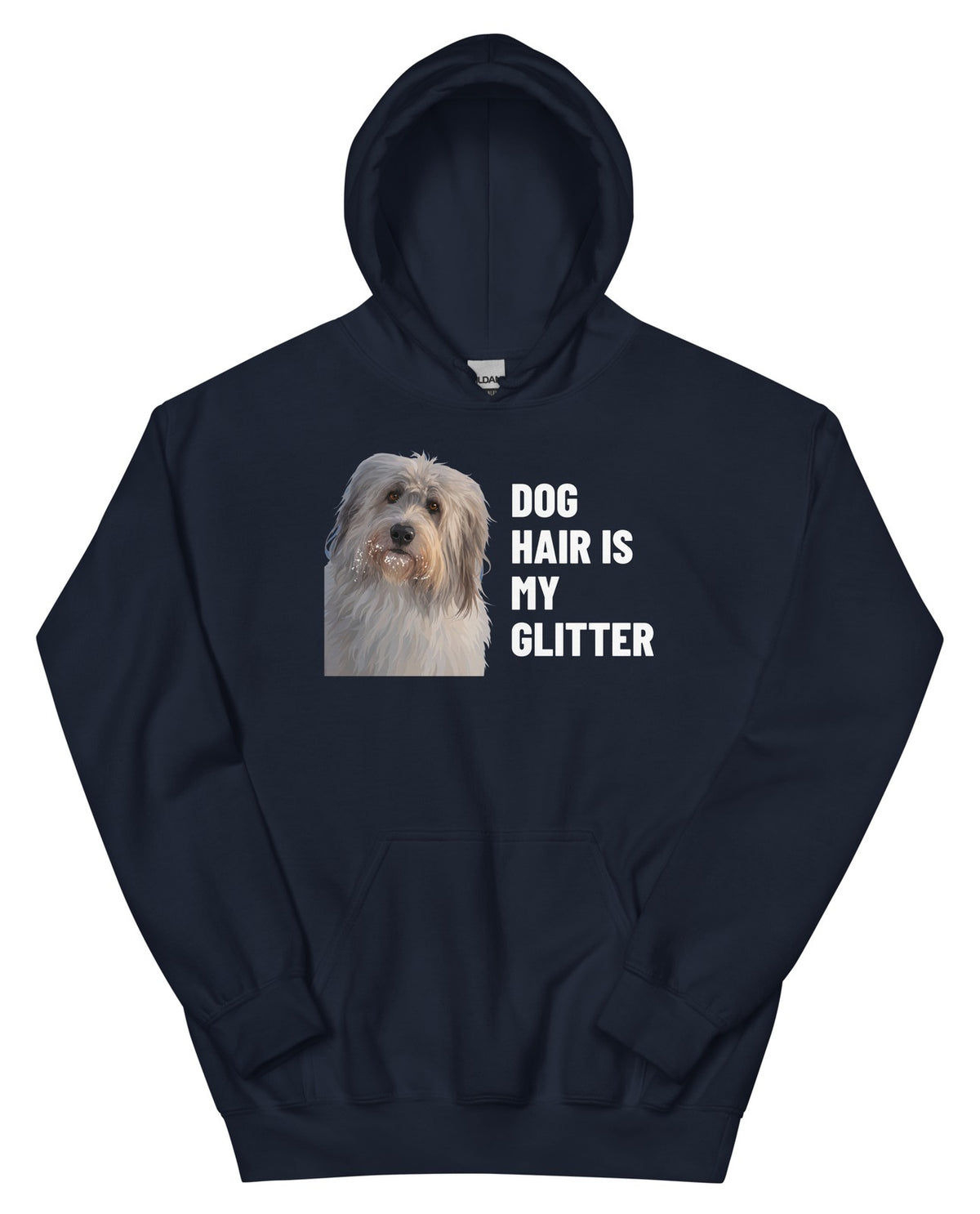 Dog Hair Is My Glitter Custom Pet Hoodie (Navy), Gandalf the Sheepdog: front view. [ks Colour=Navy; kind=product]